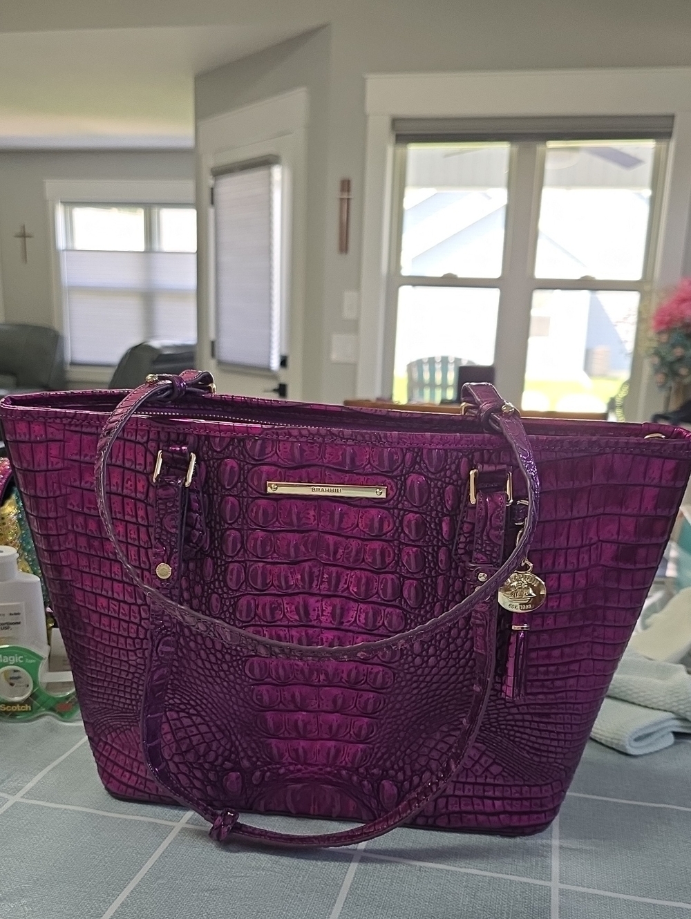 Brahmin Medium Asher Magenta Croc-Embossed Tote with Gold Hardware